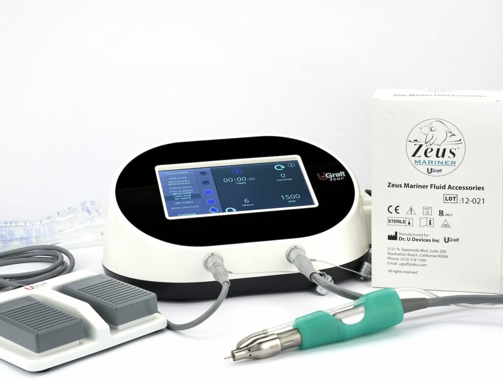 Dr. UGraft Zeus hair transplant device with Intelligent Punch designed for Afro textured hair FUE surgery.