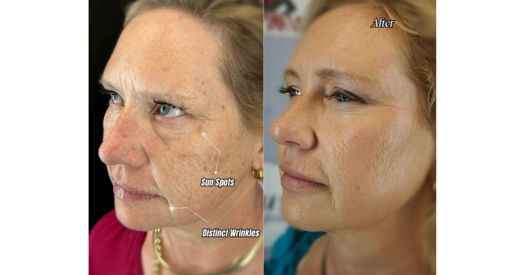 Before and after Karen’s skin rejuvenation. Sun spots and deep wrinkles have been erased and smoothened for a more youthful look.