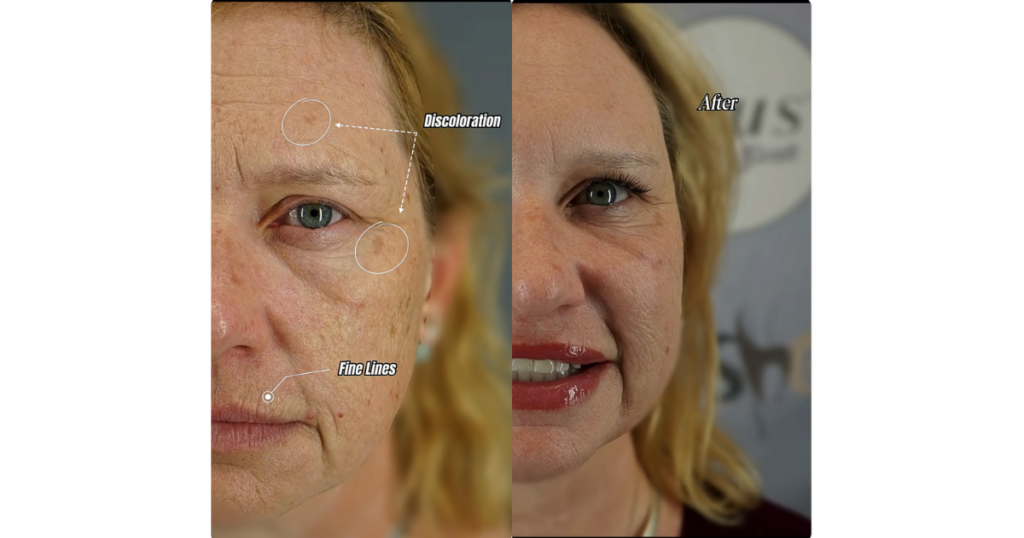 Before and after Karen’s skin rejuvenation. Fine lines and deep wrinkles are less visible thanks to Dr. Umar’s custom treatment plan.