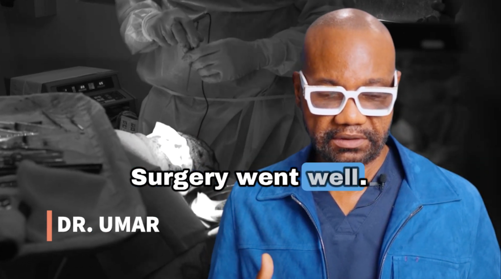 Dr. Sanusi Umar announces the successful completion of John’s scalp surgery to treat chronic inflammatory bumps.